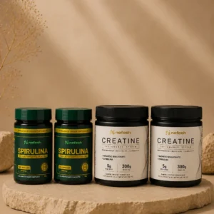 2 Potes de Creatina Performance System com dois potes de spirulina nefesh