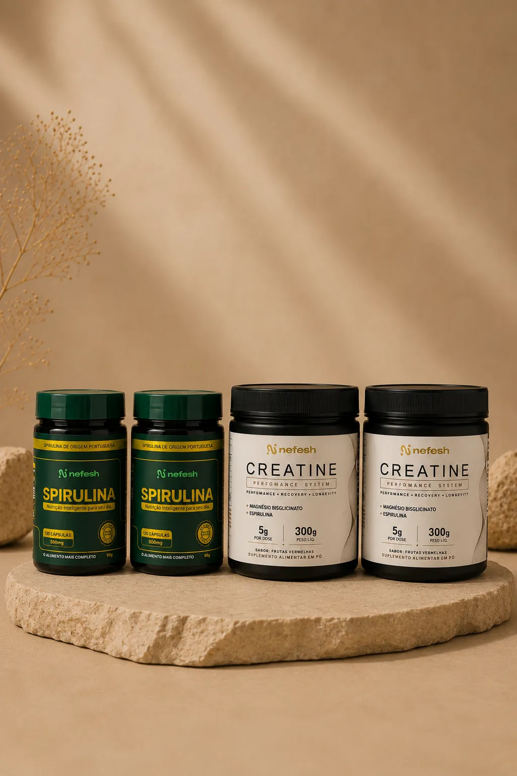 2 Potes de Creatina Performance System com dois potes de spirulina nefesh